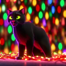 black Cat tangled up in christmas tree lights holiday