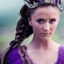 viking queen with purple armor, delicate purple braided hair, white flowing dress, highly detailed, 8k, ambient light, atmospheric lighting, nina dobrev