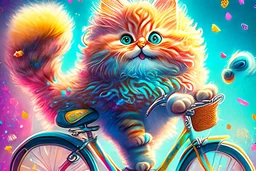 Fluffy tabby cat, adorable kitten, miniature bicycle, whimsical scene, playful concept, vibrant colors, detailed fur texture, charming expression, dynamic composition, cartoonish style, digital art, creative and imaginative, bright and lively palette, joyful atmosphere, skillful rendering, high resolution, skillful lighting to enhance cuteness.