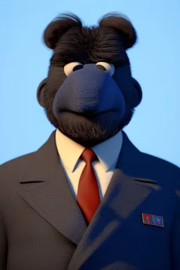 Waist up muppet Portrait, Kim Jong-un as muppet doll, black suit, photo studio, blue background, unreal engine 5, concept art, art station, god lights, ray tracing, RTX, lumen lighting, ultra detail, volumetric lighting, 3d.