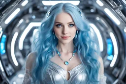 very beautiful girl with sweet smily, long blue hair, blue eyes, bright errings, silver dress, surrended by interior spaceship