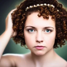 roman princess, cute, beautiful, short hair, curly hair, green eyes, head and shoulders portrait, head tilted, cinematic, 8k,