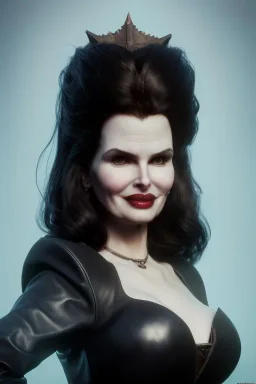 Geena Davis as evil queen in black leather, leather, busty, cleavage, angry, rage, stern look. character design by cory loftis, fenghua zhong, ryohei hase, ismail inceoglu and ruan jia. unreal engine 5, artistic lighting, highly detailed, photorealistic, fantasy