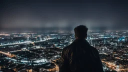 An Englishman in a bomber jacket standing at the top of a tall building looking across a city at night