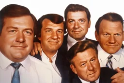 a photo of 5 men in their 30s, antique photo, add background, hand on some sholders