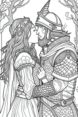 Fantasy coloring page, minimal detail. HD. Woman kissing a male knight with a beard