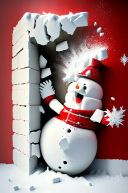 3d Christmas snowman, smashing out through a wall, plaster texture, white and red, 3d background