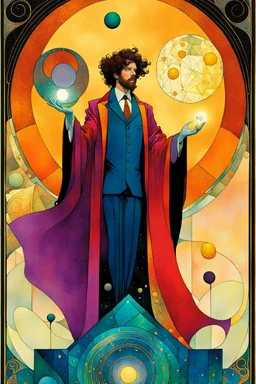 Create a chaotic abstract cubist Tarot Card depicting ,The Magician , in the style of Bill Sienkiewicz, Philippe Druillet, Gustav Klimt, Alphonse Mucha, and Jean Giraud Moebius, precisely drawn, colored and inked, in muted colors, with ornate bordered edges