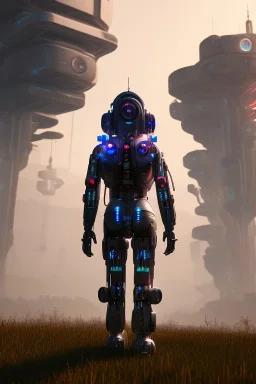 projection of an AI head hovering over an cyberpunk landscape in the distance, a small human walking towards the head, high quality, 4k resolution, high details