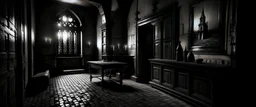 generate a sketch minimal style black, a dark room in an old castle and a lot of items