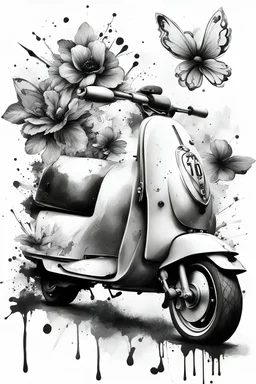 A flash of 10 drawings modern realism with some ink splashes ideas and original designs of a vespa with a fleur-de-lis. Black in on white background