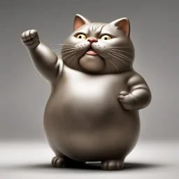 a whimsical adorable toy coin safe which is shaped like a fat cat, one arm in the air, coin slot in top of head, complex contrast, realistic, concept art, by Fernando Botero