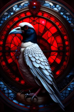 white crow portrait adorned with red jewels and victorian clothes, moonlight, stained glass window