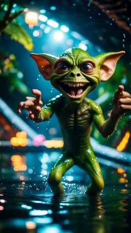 selfie by pimp rocker alien giant gremlin diving in water slide dancing in dark lit reflective wet jungle hall tunnel,bokeh like f/0.8, tilt-shift lens 8k, high detail, smooth render, down-light, unreal engine, prize winning