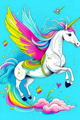 Un unicornio flotante con alas de colores que suelte brillos por la cola y un chango montandolo gay