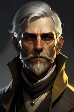 A fantasy thieves guild leader in "Dishonored" art style (video game). He's in his young 30s with white hair, scars on his face and thin bone structure with just a slight stubble. He has sunken but golden eyes and is slightly handsome. His name is Cyprian Thorne.