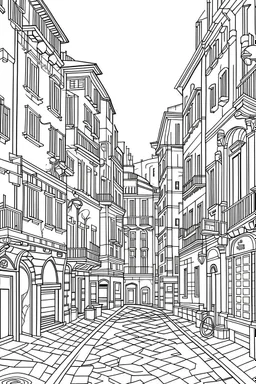 Imagine crafting a clean and minimalist coloring page. Create an image that encapsulates the charm of Genova 's vibrant streets with a focus on unique architectural features and the lively atmosphere. Maintain simplicity by using only a white background and black lines, ensuring no other colors are present. Convey the joy and liveliness of wandering through the streets of this Italian city without people within the confines of a 9:11 aspect ratio