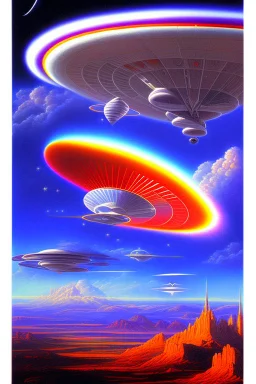 intergalactic very beautiful ufos rainbow futurist,mother ship pleiadian