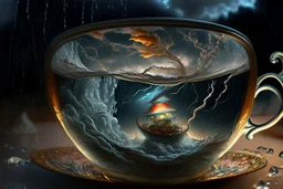 Storm in a glass tea cup, photorealistic, Dramatic Lighting. Lightning shooting both inside and out of the cup. Otherworldly atmosphere, intricate details, highly detailed, Artgerm elegant extremely detailed fantasy 8k masterpiece fantastic view crisp quality Jacek Yerka Alexander Jansson Kevin Sloan,