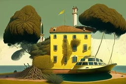 A large yacht is parked in the yard of a yellow stone house with a brown tiled roof, a large brown window and a chimney, a lush lace bush and a marijuana plantation, in the surrealist Salvador Dali style