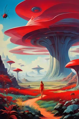 Amazing landscape of Roger Dean style futuristic multi-color organic forms. Girls in cute red translucent revealing uniforms hunt giant alien insects amidst a scenery of fields of exotic fauna and flora. Tube city and their male counterparts in the background .