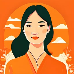 2d Illustration of a 29 year old beautiful Chinese woman, front view, flat orange background