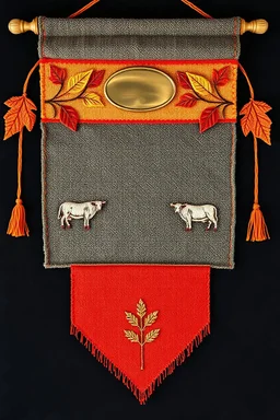 an autumn colored textured cloth banner hanging with embroidered ornamental leaves and cows, small blank oval brass engraving plate in upper middle, banner is downward pointed bottom, on dark background