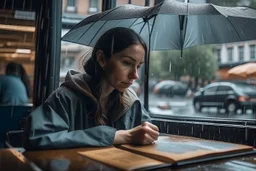 Woman reading in a cafe, while it rains on the city street, real photography, photojournalism, 16K, shot with a 35mm Leica camera