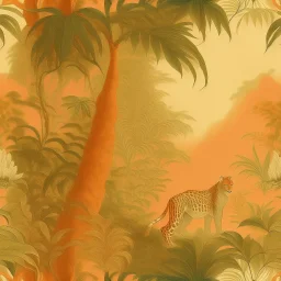 A light rosy orange rainforest with jaguars painted by Leonardo da Vinci