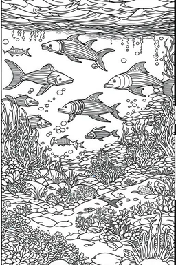 STRESS RELIEF themed coloring page for adult, A serene underwater world teeming with gracefully gliding sea turtles, colorful coral, and playful dolphins in a spectrum of calming blues and greens, cartoon style, thick outline, low details, no shading, no color