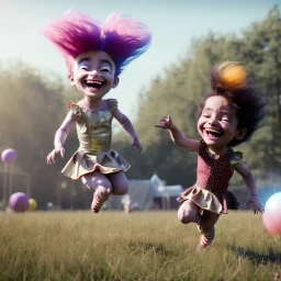 Ultra realistic circus scene. Sweet hair monster jumping and Child’s playing, smile, happy, smooth color, waist up view, Wes Anderson style, dark ambient, highly detailed, concept art, unreal engine 5, god rays, ray tracing, RTX, lumen lighting, ultra detail, volumetric lighting, 3d, finely drawn, high definition, high resolution.