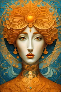Masterpiece, full head on image, full image, Abstract, In the style of Aubrey Beardsley, Naoto Hattori, jean cocteau, accent soft color orange Masterpiece