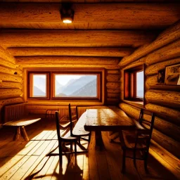 Mountain hut interior, five poeple eating, Austrian aesthetic, oil lamp, wooden floor, night time, 8k, HD, cinematography, photorealistic, Cinematic, Color Grading, Ultra-Wide Angle, Depth of Field, hyper-detailed, beautifully color-coded, insane details, intricate details, beautifully color graded, Cinematic, Color Grading, Editorial Photography, Depth of Field, DOF, White Balance, 32k, Super-Resolution, Megapixel, ProPhoto RGB, VR