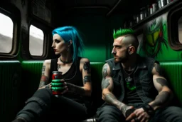 Un pareja punk, con crestas de colores azules y verdes beben unas latas de color rojo de Coca Cola, sentados en el vagón de tren abandonado y destartalado