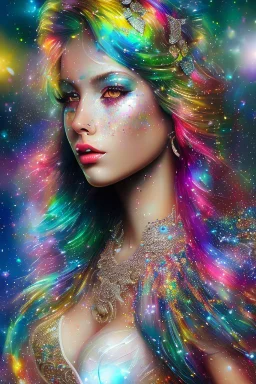 photo realistic painting ((full body)) ((stunningly attractive)) a woman at a music festival, ((perfect feminine face)), (+long colorful wavy hair), (+glitter freckles), glitter, wearing a dress, intricate, 8k, highly detailed, volumetric lighting, digital painting, intense, sharp focus, sitting on a majestic chair