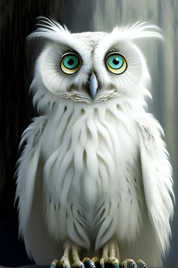 drop ears, large owl beak and eyes, very tall body, white fur/feathers, sweet alien