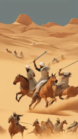 A picture of an Islamic battle with swords and horses, in the desert