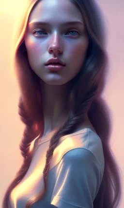 girl, cute, beautiful, long hair, wavy hair, brunett hair, blue eyes, black tee shirt, head and shoulders portrait, 8k resolution concept art portrait by Greg Rutkowski, Artgerm, WLOP, Alphonse Mucha dynamic lighting hyperdetailed intricately detailed