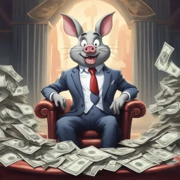 rich pig in suit on a throne making stacks of money by making a deal with a buisnessman. bugs bunny making sick beats in a background as he is known musician