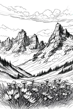 Alp flowers surrounded by mountains in the Alps, sketch drawing