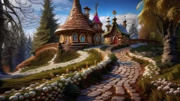 A curvy path leads to a fairytale castle next to a christmas elfs cottage