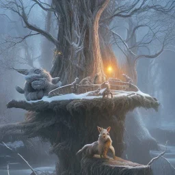 fantasy art of big wolf and wizard walking on very tight tree bridge over icy water