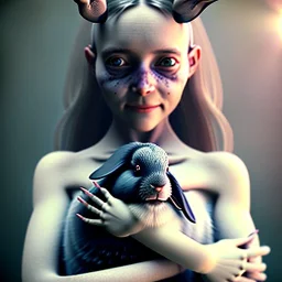 a cute smiling girl holding her bunny, tattoo in her face, michelangelo oil painting, steam punk, scary, horror, realistic, made in octane, cinematic, ultra-realistic, extremely detailed octane rendering, 8K, VRAY Super Real ar 2:3, dof photorealistic futuristic 50mm lens hard lighting dark gray tintype photograph, realistic lighting, sephia colors