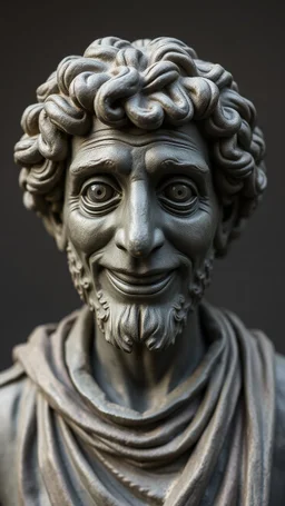 Ceramic style statue all colours are dark grey of an old church man from the 1200 BC , the head of dead man with thick curly hair and his eyes are open wide smiling