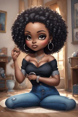 Create a furturism magna art of a black chibi curvy female sitting on the floor looking at herself in a hand mirror. She is wearing tight blue jeans and a black off the shoulder blouse. Prominent make up with lush lashes. Highly detailed tight curly afro. She is also wearing silver large hoop earringsart of a black chibi curvy female sitting on the floor looking at her cell phone. She is wearing tight blue jeans and a black off the shoulder blouse. Prominent make up with lush lashes.