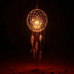 hoop and web of a dreamcatcher, made of light, glowing internal light, translucent, natural red/brown tones, brown dirt ground long bottom, dark background, fantastic lighting