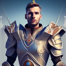 A handsome npc standing in front of a church, futuristic design, a paradise in background, close-up face, geometric armor