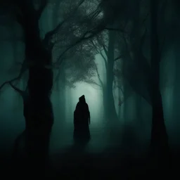 Generate an creepy shadow of a hooded man in an eerie forest with twisted trees, vines, and otherworldly elves hidden in shadows. The ground is covered in moss and leaves. A haunting chorus echoes in the distance. The overall mood should be mysterious and unsettling. Avoid modern elements or bright colors. There has to be shadows in the tops of the trees or behind the trees.