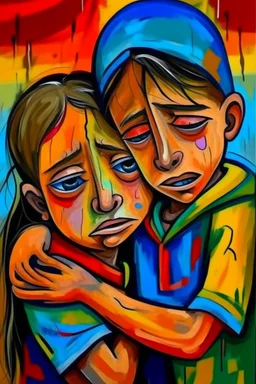 a girl hug her brother and both crying sadly, expressionism, Pixar style, in abstract art Basquiat, Picasso, Miro, Kandinsky, Klee, Birell, Fairey, Ardon, Buffet and Picasso style, HD --s 750 --v 5.1 --style raw, water color