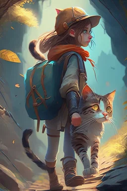 a girl and cat on a adventure, 4k, full detail, high resolution, digitalart